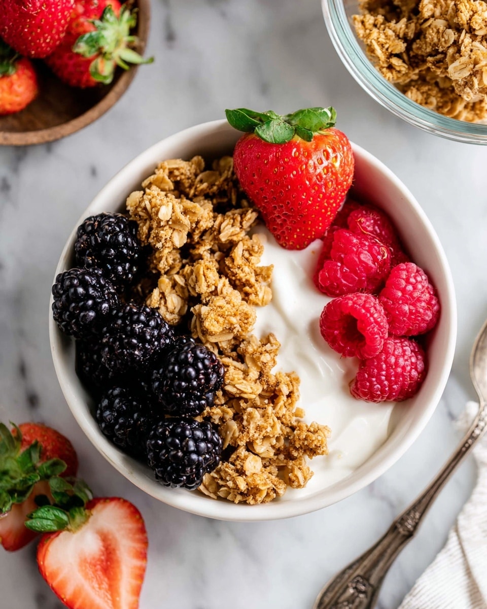 A white bowl is filled with three main layers. The bottom layer is white yogurt, smooth and creamy. On top of the yogurt, there are clumps of golden brown granola in the middle. On the left side, there are dark blackberries with a shiny, bumpy texture. On the right side, there are bright red raspberries and a single red strawberry with a green leafy top. The bowl sits on a white marbled surface with some additional strawberries near the bowl and part of a glass bowl with more granola visible on the right. A tarnished silver spoon is placed next to the bowl. photo taken with an iphone --ar 4:5 --v 7
