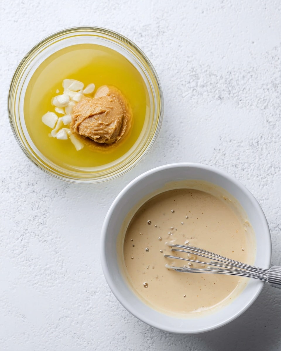 The image shows two white bowls on a white marbled surface. The left bowl contains three separate layers: a clear yellow liquid, a light brown paste piled in the center, and small white pieces on the right side. The right bowl shows a smooth, light beige mixture with some small bubbles on top, and a metal whisk resting inside, slightly tilted to the right. photo taken with an iphone --ar 4:5 --v 7