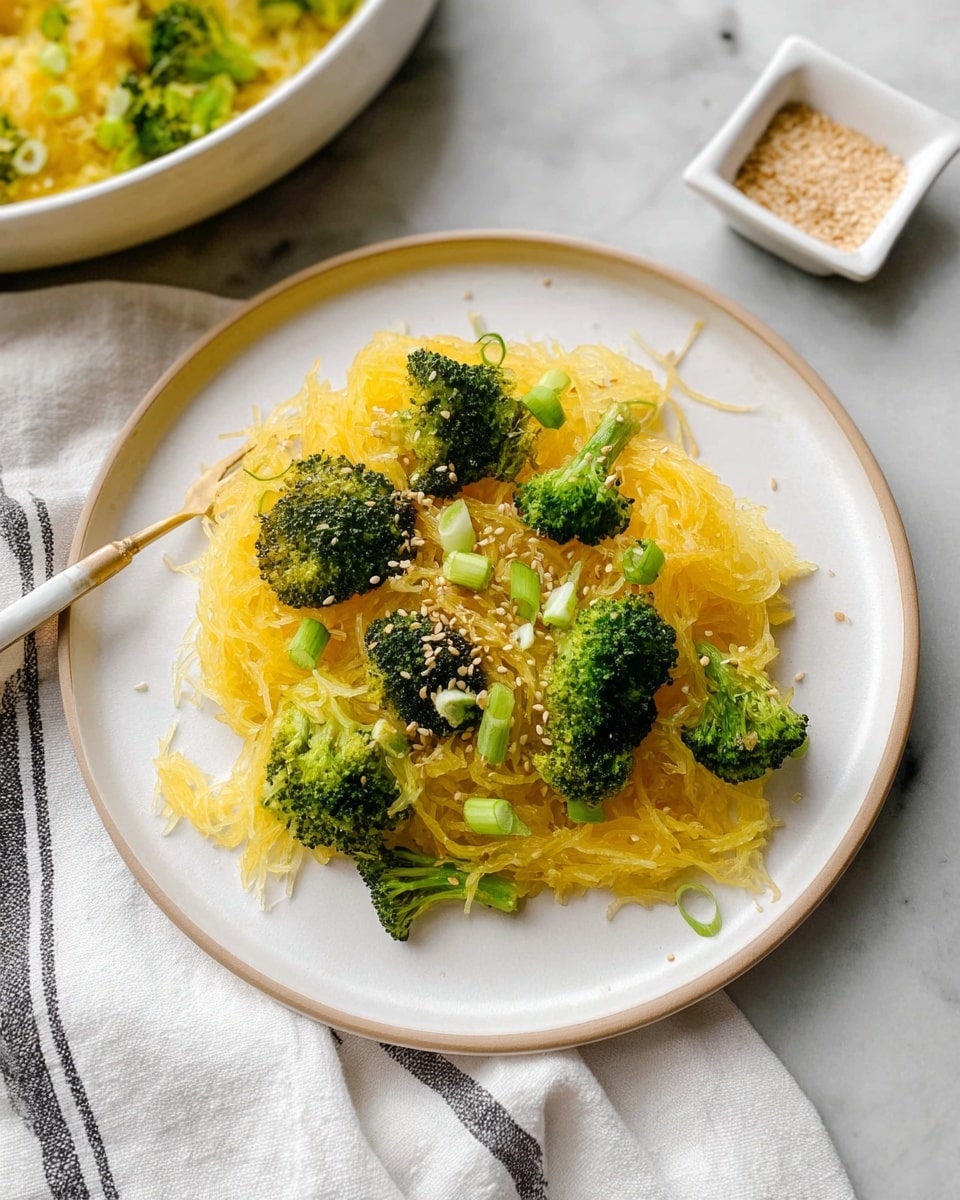 A white plate holds a serving of bright yellow spaghetti squash strands as the base layer, topped with several small, green roasted broccoli florets spread evenly. Small white sesame seeds and thin slices of light green scallions are sprinkled over the top, adding texture and detail. The plate is set on a folded white cloth with black stripes, placed on a white marbled surface. Off to the top right, a small white square dish holds more sesame seeds, and to the left, part of a larger bowl filled with more spaghetti squash and broccoli is visible. Photo taken with an iphone --ar 4:5 --v 7