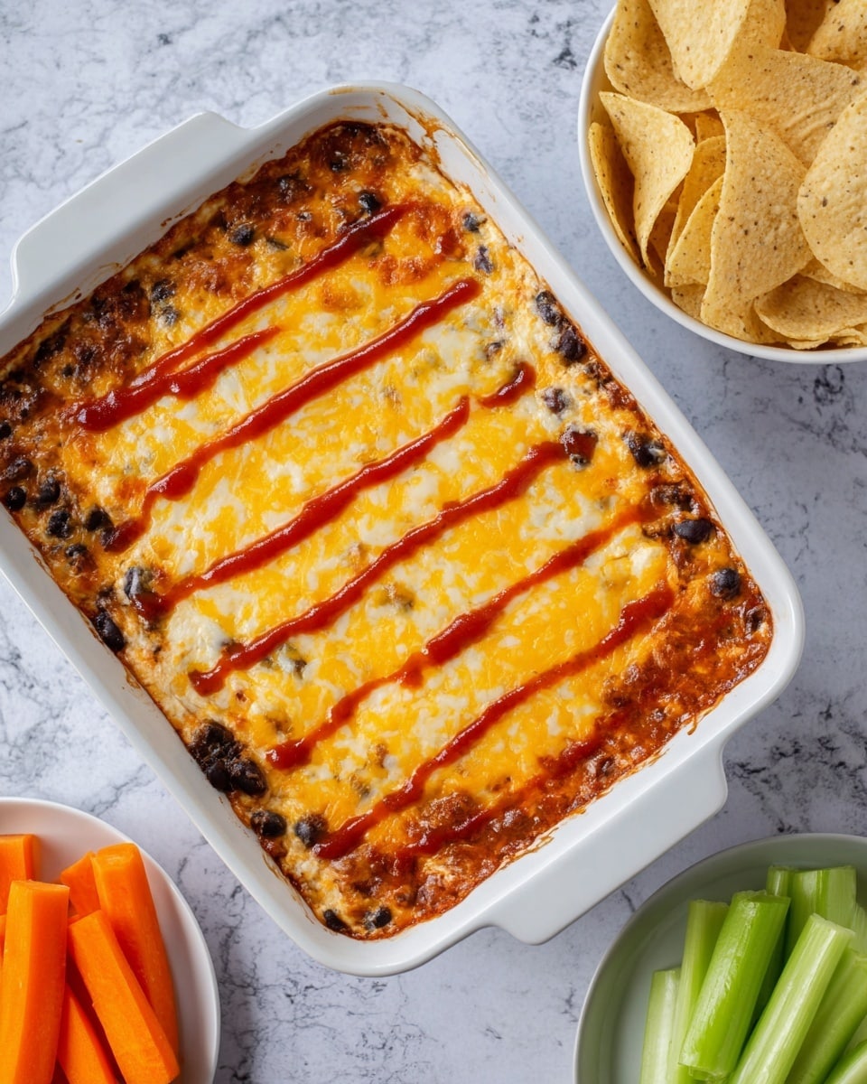 A white rectangular dish filled with a baked casserole that has a golden melted cheese layer on top mixed with black beans visible throughout. There are five thick red sauce stripes drizzled diagonally across the cheese layer. To the right, there is a white round bowl filled with light yellow tortilla chips, and to the bottom left, a white round plate with green celery sticks and orange carrot sticks. All items are on a white marbled textured surface. photo taken with an iphone --ar 4:5 --v 7