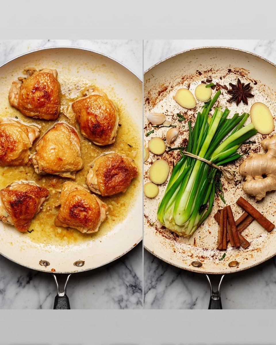 The image shows two side-by-side white pans on a white marbled surface. The left pan contains seven pieces of cooked chicken with golden brown and crispy skin, sitting in a small pool of melted oil that has a shiny texture. The right pan holds several ingredients for cooking: two tied bundles of green onions with bright green stalks, scattered slices of light beige garlic, pale slices of ginger, a dark brown cinnamon stick, and a star anise with a star shape, all resting on the white pan base that has brown browned bits and residue. photo taken with an iphone --ar 4:5 --v 7