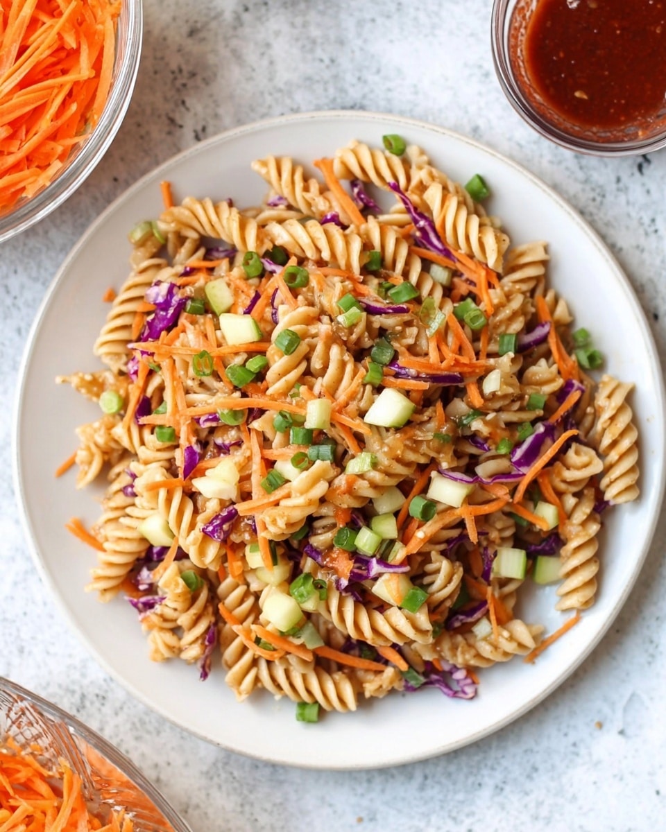 A white plate filled with one main layer of spiral pasta that is light brown in color, mixed with shredded orange carrots and small pieces of purple cabbage. Scattered green onions add bright green spots throughout the dish, and there are small cubes of light yellow cucumber mixed in. The plate sits on a white marbled surface with a small glass container containing red sauce and another bowl of shredded carrots partly visible nearby. Photo taken with an iphone --ar 4:5 --v 7