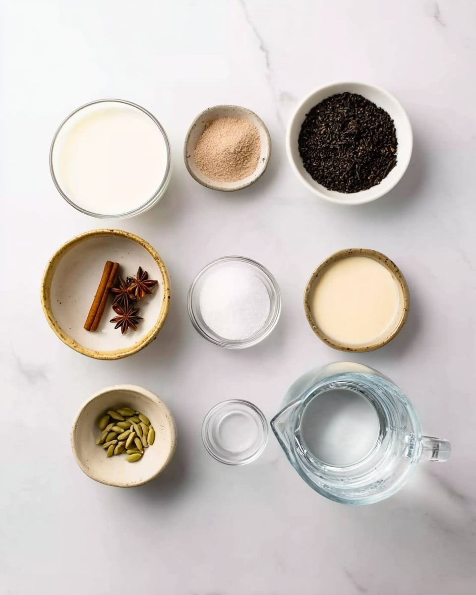 The image shows eight small bowls and cups arranged on a white marbled surface. In the top row, from left to right, there is a clear glass bowl of milk, a small white bowl with light brown powder, and a clear glass bowl with a heap of black tea leaves. Below them, there is a white bowl containing white sugar, a small round beige bowl with a cinnamon stick, star anise, green cardamom, and a vanilla pod, and a small clear empty bowl. Below these sits a small glass bowl with cream, and on the right side, a clear glass measuring jug filled with water. Photo taken with an iphone --ar 4:5 --v 7