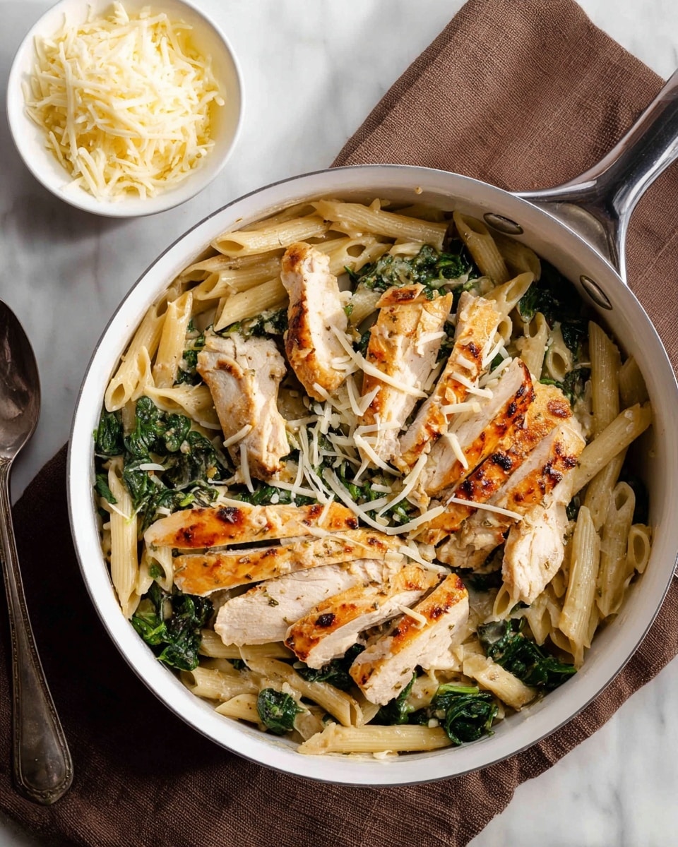 A white pan holds a dish with three main layers: the bottom layer is white penne pasta mixed with cooked green spinach, scattered evenly around the pan; the middle layer consists of sliced cooked chicken with light golden brown edges placed over the pasta in the center; the top layer has a light sprinkling of shredded pale yellow cheese on the chicken and pasta. Next to the pan is a small white bowl filled with shredded cheese on a white marbled surface with a brown cloth napkin nearby. photo taken with an iphone --ar 4:5 --v 7