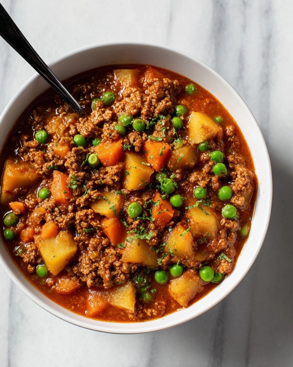 A white bowl filled with a thick stew made up of four visible layers of ingredients: small brown crumbled meat pieces mixed with orange carrot slices and yellow potato chunks, and bright green peas scattered throughout, all coated in a rich reddish-brown sauce, topped with small bits of green herbs. A black spoon rests inside the bowl on the left side, and the bowl is placed on a white marbled surface. Photo taken with an iphone --ar 4:5 --v 7