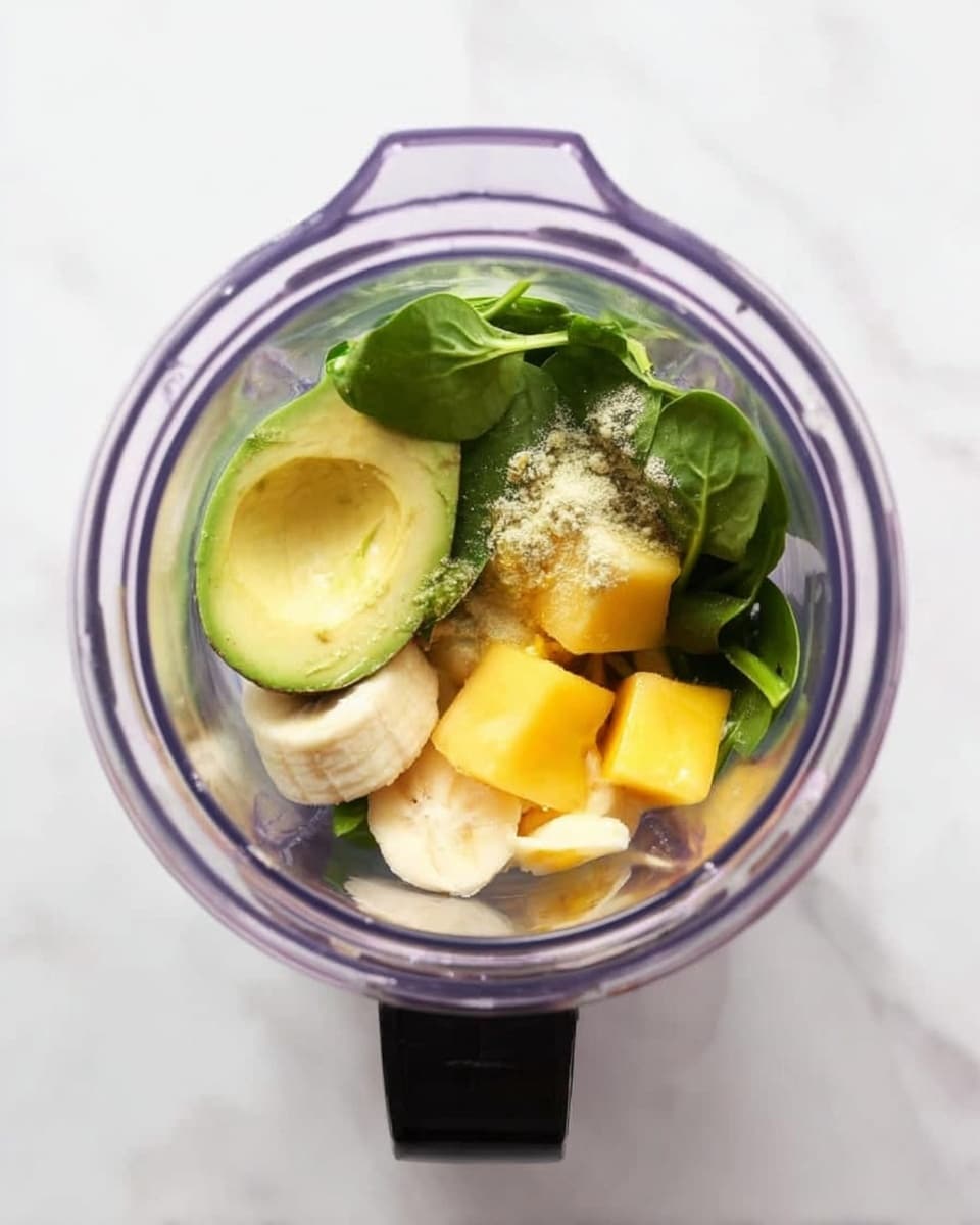 A top-down view of a blender container on a white marbled surface filled with layers of ingredients: at the bottom, bright green spinach leaves, topped with a halved avocado showing its pale green flesh and seed cavity, next to light yellow chunks of mango, small white pieces of banana, and a sprinkle of light beige powder. The blender has a purple rim and black handle. photo taken with an iphone --ar 4:5 --v 7