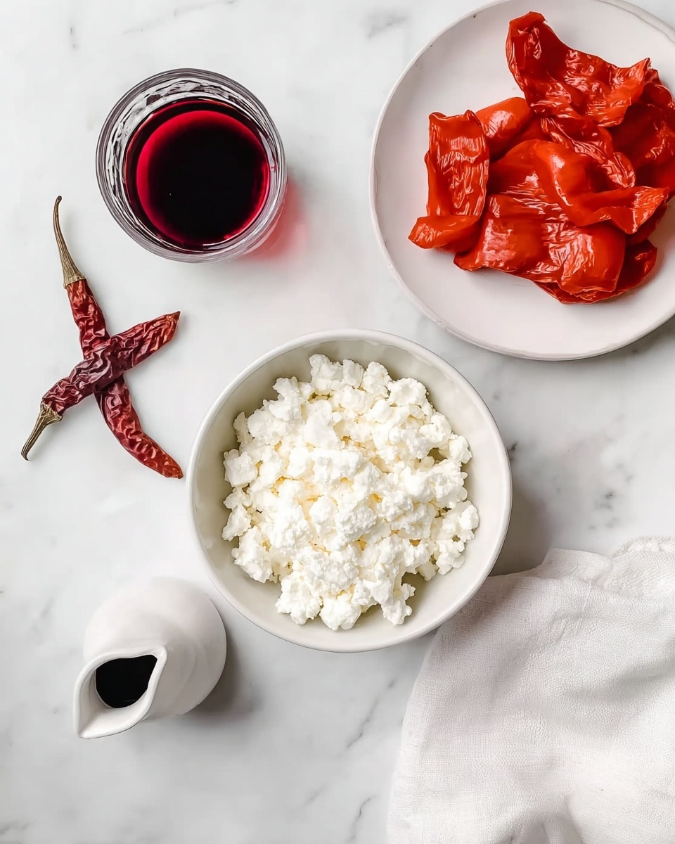 The image shows four separate items arranged on a white marbled surface. At the center bottom, there is a white bowl filled with white, crumbly cheese that has a rough texture. To the right, on a white plate, there are several pieces of bright red roasted peppers layered loosely with a wrinkled texture. Above the cheese bowl, there is a small clear glass filled with a deep red liquid. To the left, a small white jug contains a dark liquid resembling balsamic vinegar, along with two dried red chili peppers placed next to it. There is also a white cloth partially visible in the bottom right corner. photo taken with an iphone --ar 4:5 --v 7
