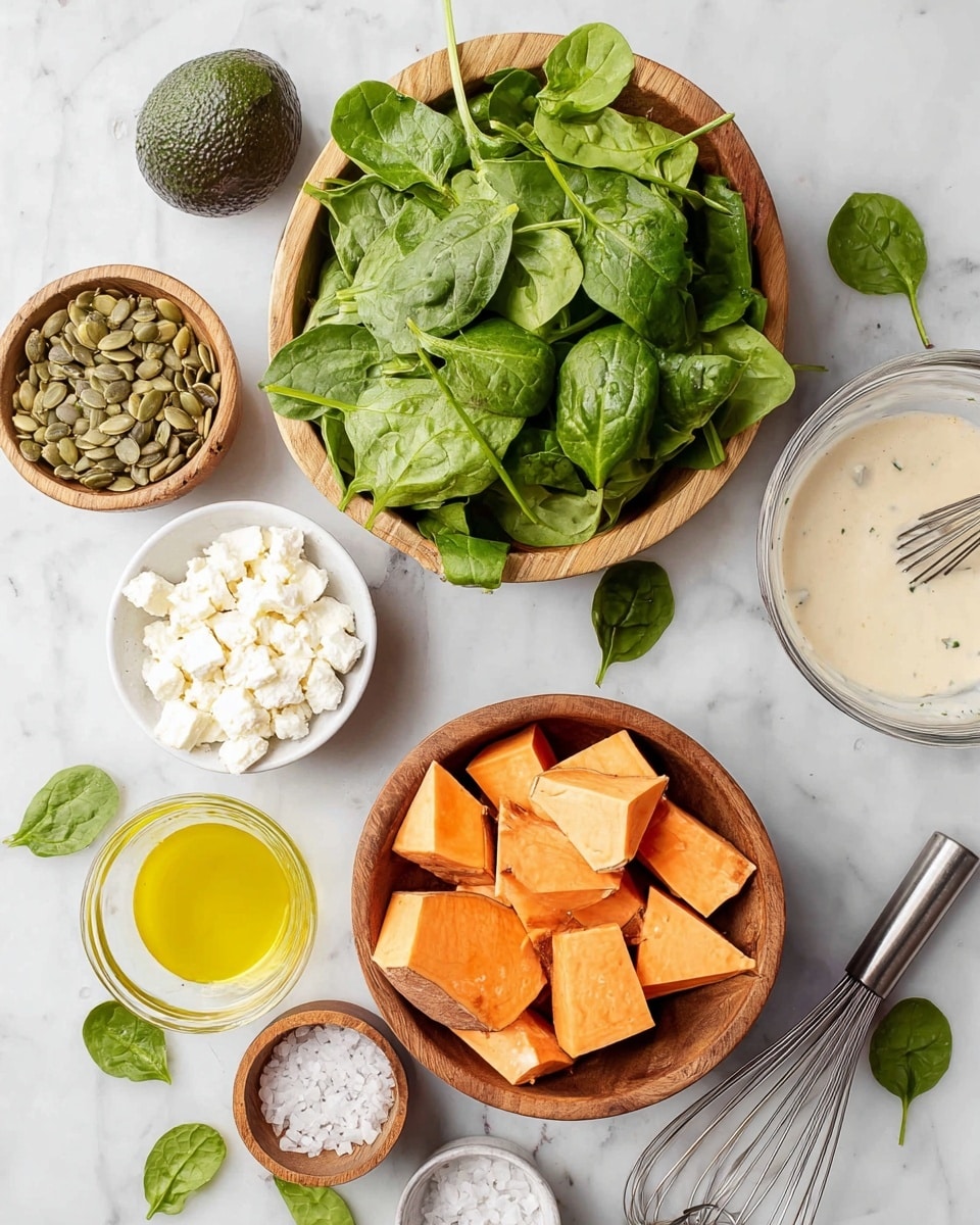 The image shows fresh salad ingredients arranged on a white marbled surface. In the center, a wooden bowl is full of bright green leafy spinach with some loose leaves scattered nearby. Below it, another wooden bowl holds large, chunky orange sweet potato pieces with the skin still on. To the left, a small round white bowl contains white crumbled cheese, and a similar small bowl nearby holds green pumpkin seeds. A whole avocado is placed next to a small wooden bowl filled with white coarse salt. On the right side, a clear glass bowl contains a creamy dressing with a metal whisk resting inside. A small clear glass cup with yellow olive oil is positioned near the bottom left. The scene is clean and fresh with a natural look, photo taken with an iphone --ar 4:5 --v 7